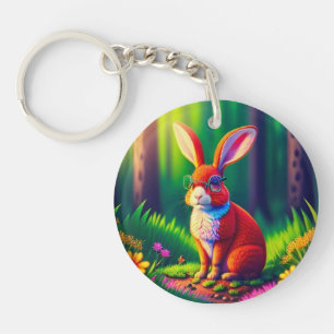 Red Bunny Sitting on Grass Key Ring