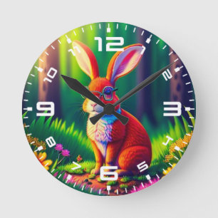 Red Bunny Sitting on Grass Round Clock