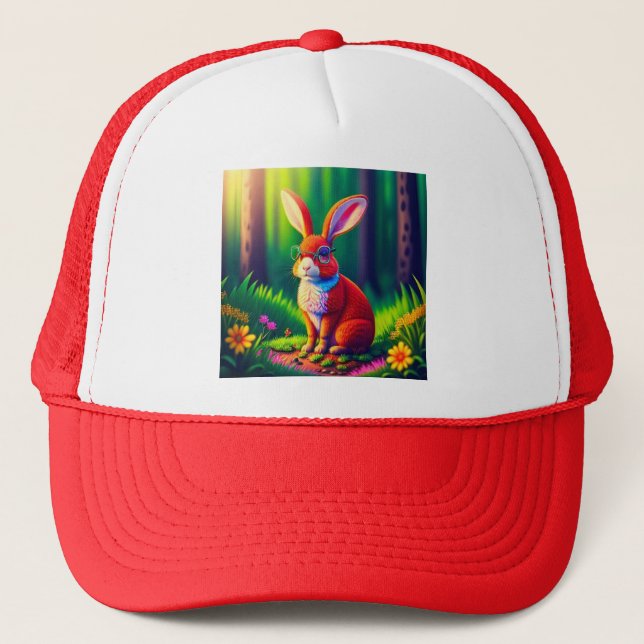 Red Bunny Sitting on Grass Trucker Hat (Front)
