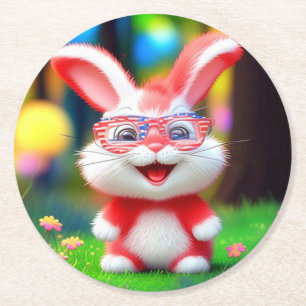 Red Bunny with American Glasses Cartoon-44244 Round Paper Coaster