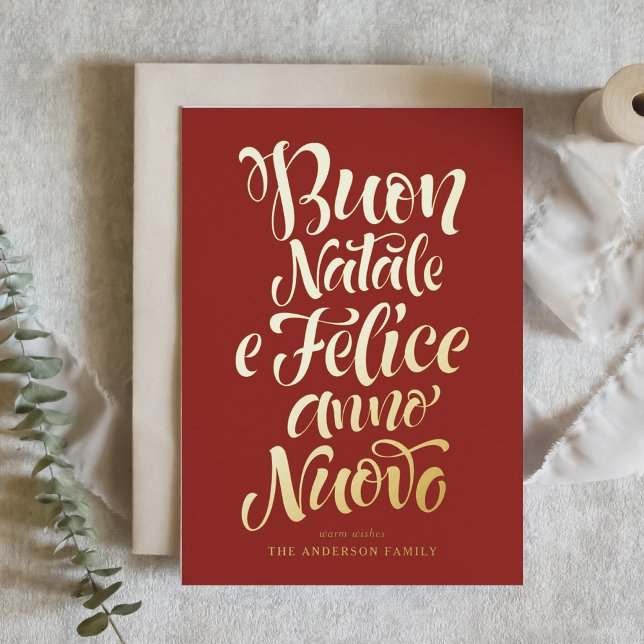 Red Buon Natale e Felice Anno Nuovo Script Foil Holiday Card (Creator Uploaded)