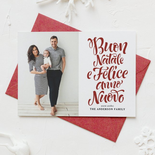 Red Buon Natale e Felice Anno Nuovo Script Photo Holiday Card (Creator Uploaded)