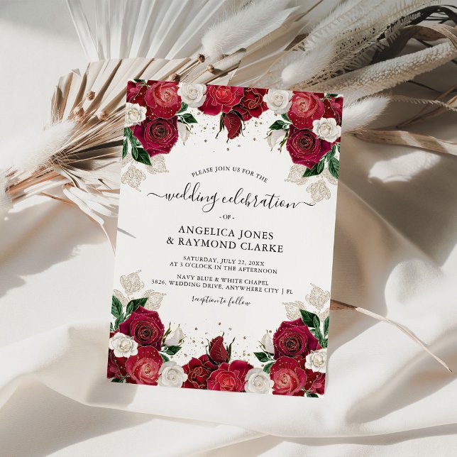 Red Burgandyd & White Floral Elegant Wedding Invitation (Creator Uploaded)