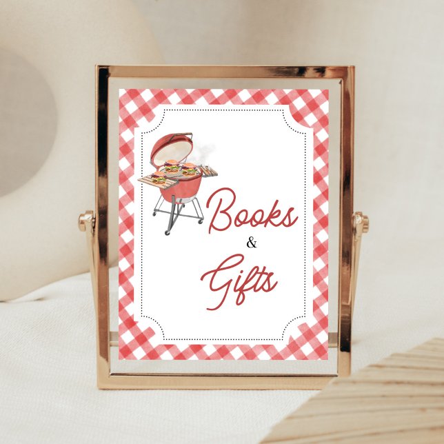 Red Burger BBQ Baby Shower Books and Gifts Poster (Backyard BBQ Baby Shower Books and Gifts Sign)