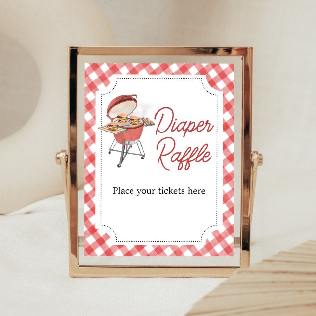 Red Burger BBQ Baby Shower Diaper Raffle Poster (Backyard BBQ Baby Shower Diaper Raffle Sign)