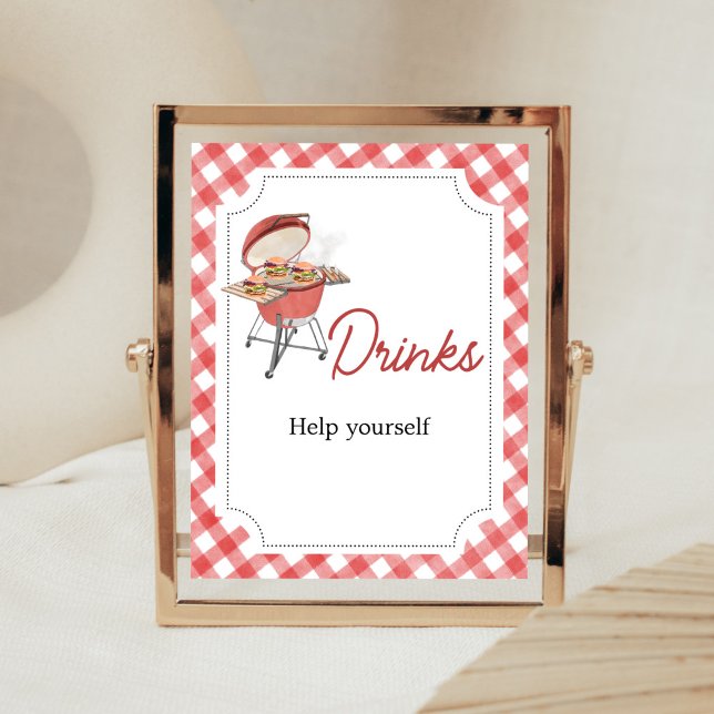 Red Burger BBQ Baby Shower Drinks Poster (Backyard BBQ Baby Shower Drinks Sign)