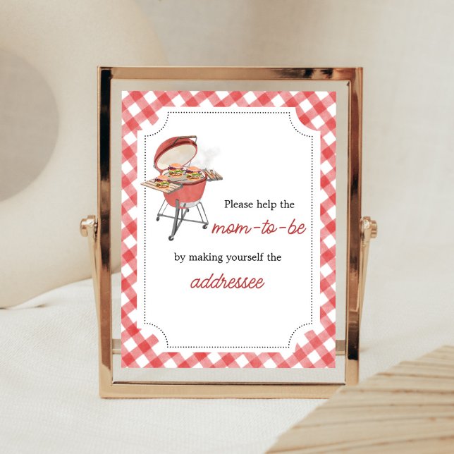 Red Burger BBQ Baby Shower Envelope Station Poster (Backyard BBQ Baby Shower Envelope Station Sign)