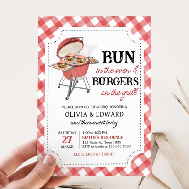 Red Burger BBQ Baby Shower Invitation (Backyard BBQ Baby Shower Invitation)