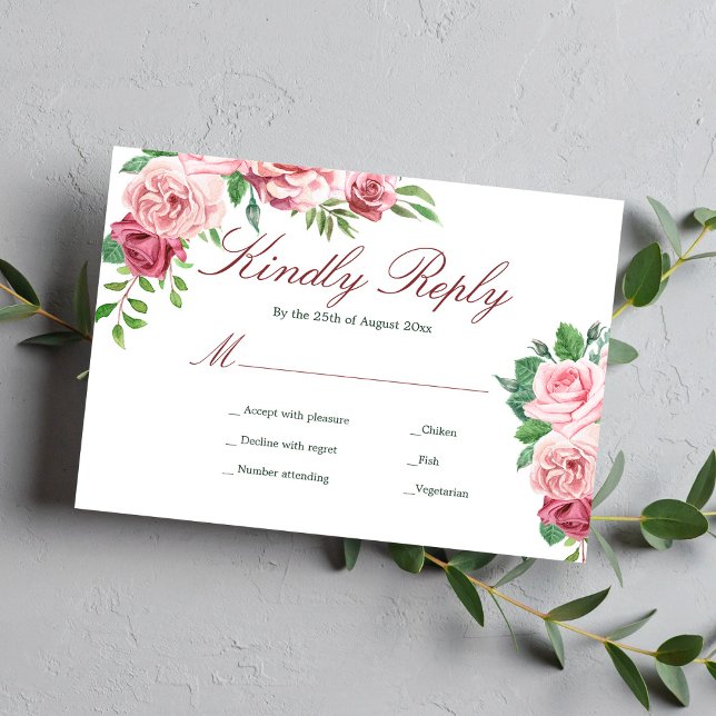 Red Burgundy and Blush Pink Roses Meal Options RSVP Card (Creator Uploaded)