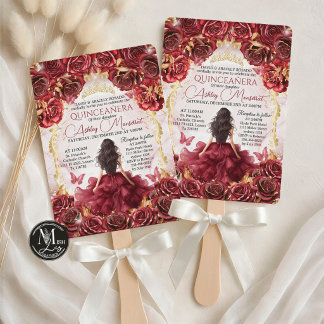  Red Burgundy and Gold Floral Roses Quinceañera Invitation