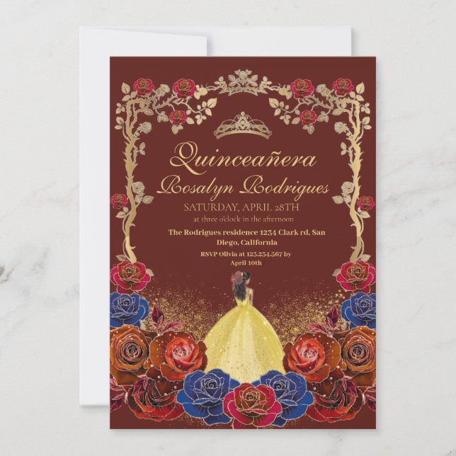 Red Burgundy and Gold Luxury Quinceanera  Invitation (Front)