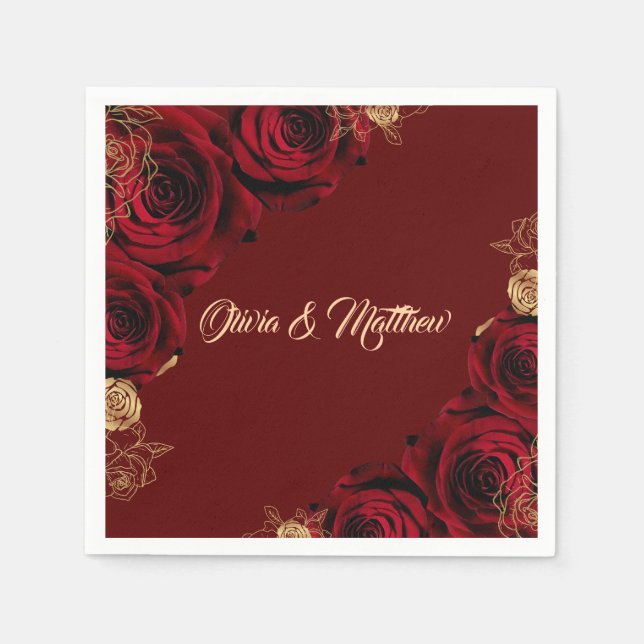  Red Burgundy and Gold Roses Floral Wedding Napkin (Front)