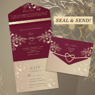 Red Burgundy and Gold Wedding All In One Invitation
