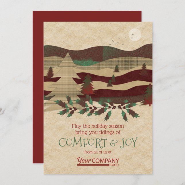 Red, Burgundy, Beige Rustic Company Holiday Cards (Front/Back)