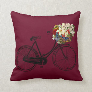 Red burgundy bicycle flower   Throw pillow