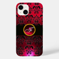 RED BURGUNDY BLACK DAMASK GEM STONE MONOGRAM