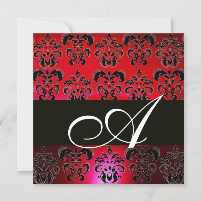RED BURGUNDY BLACK  DAMASK MONOGRAM , ruby white Invitation (Front)