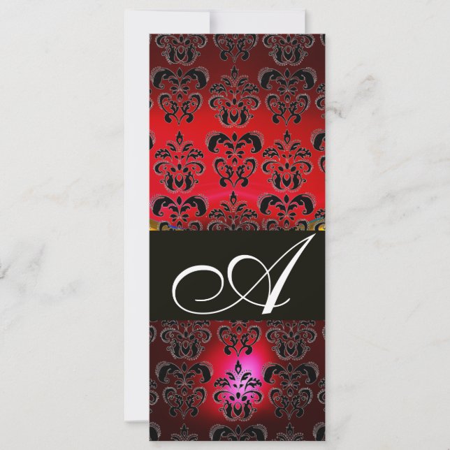 RED BURGUNDY BLACK DAMASK MONOGRAM ruby white Invitation (Front)