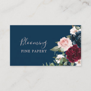 Red Burgundy & Blue Elegant Watercolor Flowers Business Card