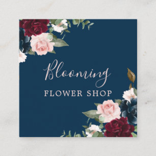 Red Burgundy & Blue Elegant Watercolor Flowers Square Business Card