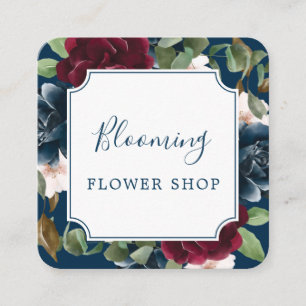 Red Burgundy & Blue Elegant Watercolor Flowers Square Business Card