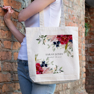 Red Burgundy Blush Blue Floral Bunch Bridal Shower Tote Bag