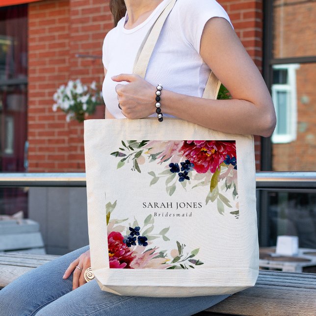 Red Burgundy Blush Blue Floral Bunch Bridesmaid Tote Bag (Creator Uploaded)