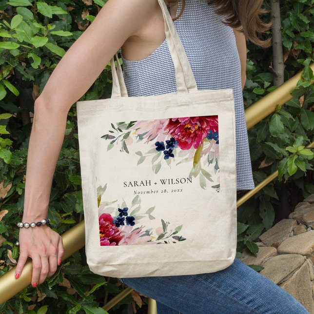 Red Burgundy Blush Blue Floral Bunch Wedding Tote Bag (Creator Uploaded)
