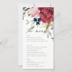 Red Burgundy Blush Blue Floral Wedding Menu Card