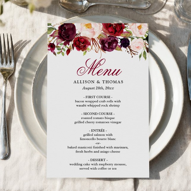 Red Burgundy Blush Floral Chic Wedding Dinner Menu (Creator Uploaded)
