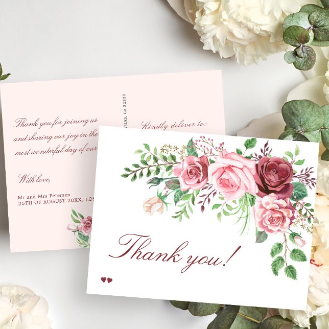 Red Burgundy Blush Pink Roses Wedding Postcard (Creator Uploaded)
