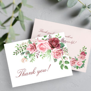 Red Burgundy Blush Pink Roses Wedding Thank You Card