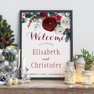 Red burgundy bouquet winter wedding welcome sign