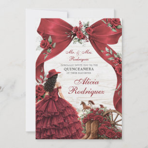Red Burgundy Bow Coquette Charra Quinceanera Invit Invitation