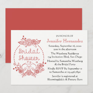 Red Burgundy Bridal Shower Lovebirds Floral Wreath Invitation