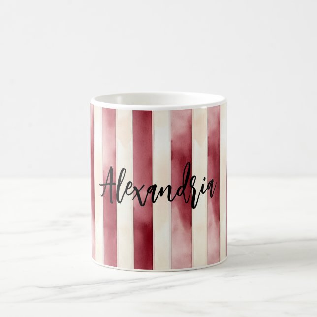 Red Burgundy Cream Stripes Christmas Coffee Mug (Center)