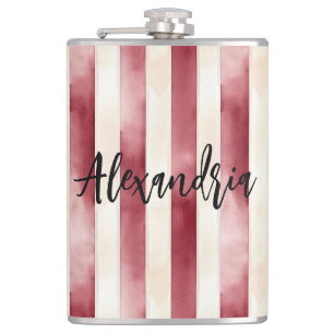 Red Burgundy Cream Stripes Christmas Hip Flask