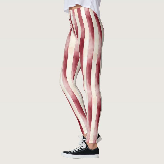Red Burgundy Cream Stripes Christmas Leggings (Left)