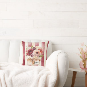 Red Burgundy Cream Stripes Floral Love Cushion