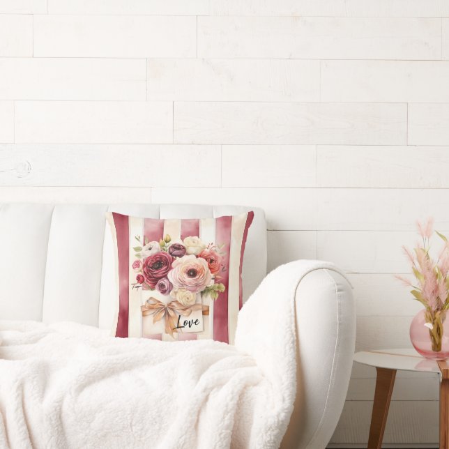 Red Burgundy Cream Stripes Floral Love Cushion (Couch)