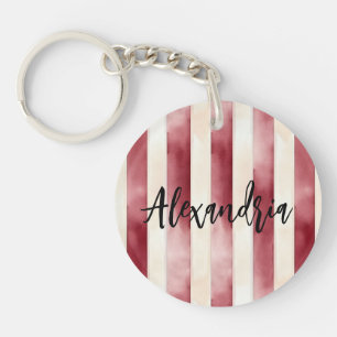 Red Burgundy Cream Stripes Flowers Leaves Key Ring