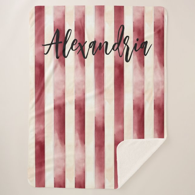 Red Burgundy Cream Stripes Flowers Leaves Sherpa Blanket (Front)
