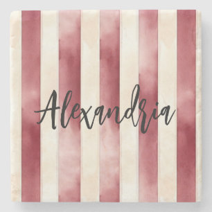 Red Burgundy Cream Stripes Flowers Leaves Stone Coaster