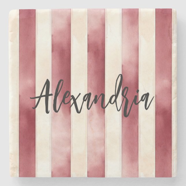 Red Burgundy Cream Stripes Flowers Leaves Stone Coaster (Front)