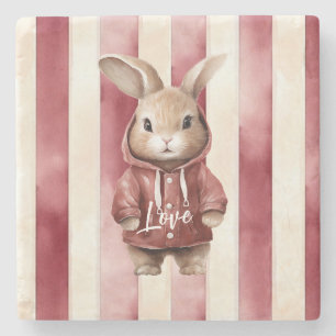 Red Burgundy Cream Stripes Love Bunny Stone Coaster