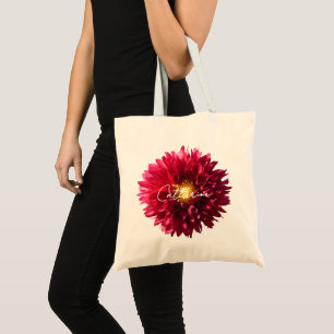 Red Burgundy Dahlia Flower Photo Script Name Tote Bag