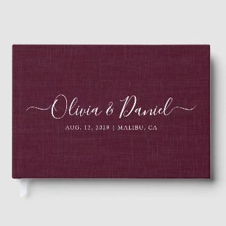 Red Burgundy Faux Linen Minimalist Script Wedding Guest Book
