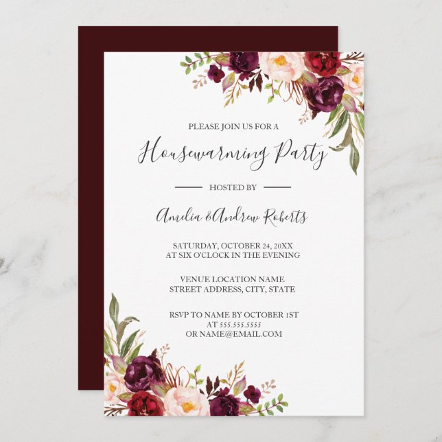 Red Burgundy Floral Housewarming Party Invitation (Front/Back)
