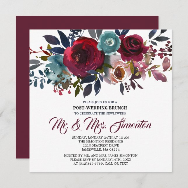 Red Burgundy Floral Post-Wedding Brunch Invitation (Front/Back)