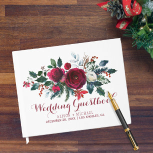 Red burgundy floral winter wedding guestbook